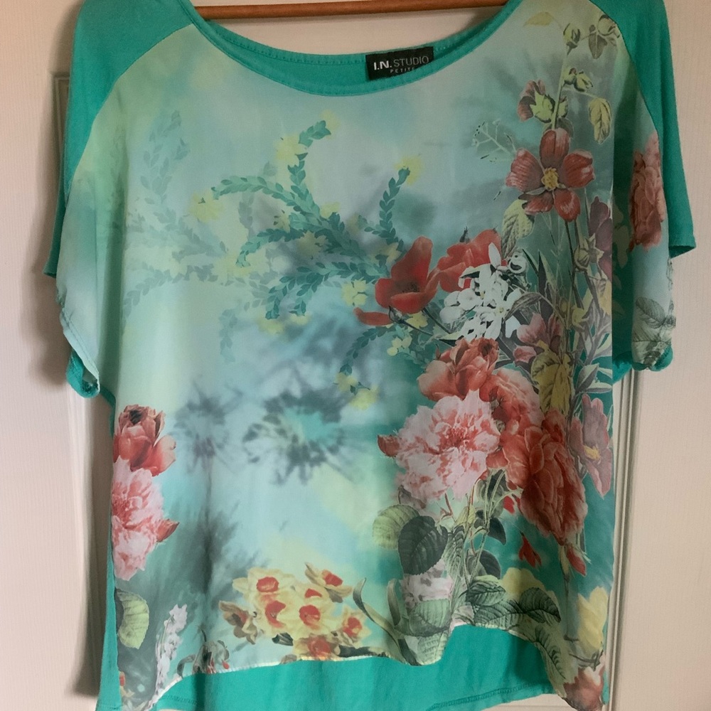 Teal color top.very comfy, petite large